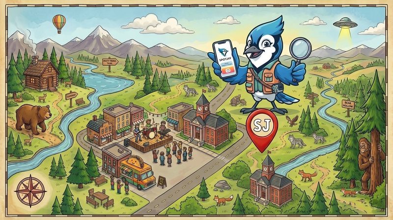 Illustrated treasure map: a blue jay in a ranger vest holds up a phone running SpotJay beside a big SJ location pin, above a town with a live band, a taco truck, forests, and a cabin