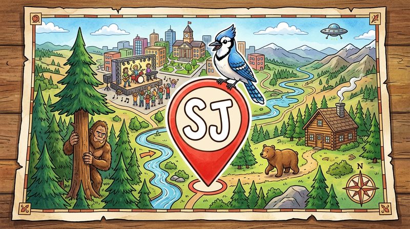 Illustrated treasure map with an SJ location pin, a blue jay, forests, a city stage, and a cabin