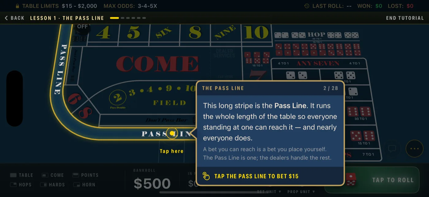 The same lesson on iPhone, with the coach card and a prompt to tap the Pass Line