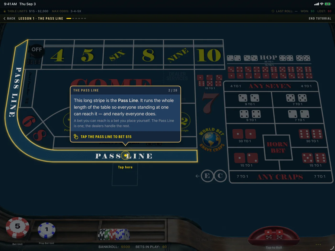 A Knave Craps lesson on iPad: the Pass Line glowing on the felt with a coach card explaining it